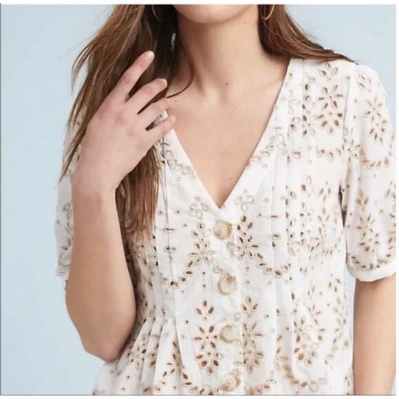 FEATHER BONE Anthropologie Medina White Eyelet Scalloped Blouse Boho Wmns Sz 12 - Picture 2 of 12